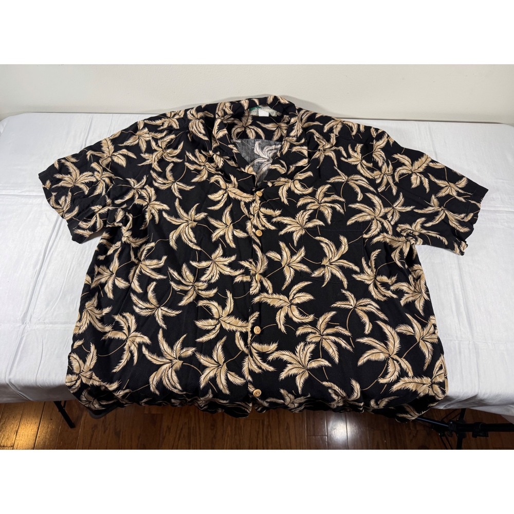 Paradise Found Mens XL Black Palm Tree Rayon Aloha Hawaiian Shirt Made in Hawaii